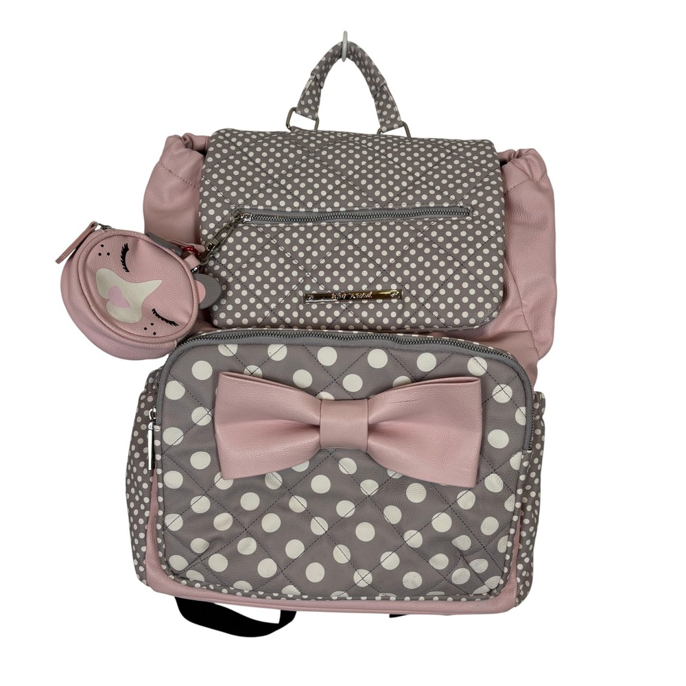 Betsey Johnson Diaper Bag Backpack Pink Grey Polka Dot Bow Kitsch Kawaii Bag
